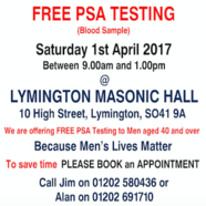 Free PSA test for prostate cancer at Lymington Masonic Hall